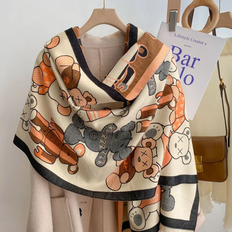Bufanda de Cachemira de diseñador para mujer, bufanda larga de invierno de oso pequeño, diadema de calidad, chales a cuadros gra