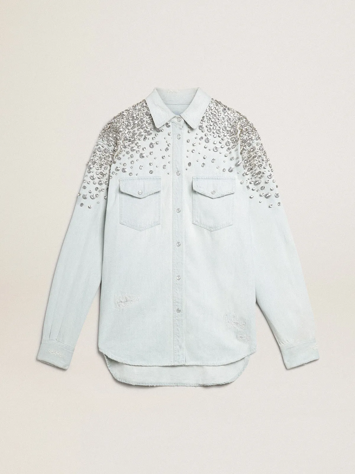 Camisa boyfriend descolorida con cristales cabujón para mujer