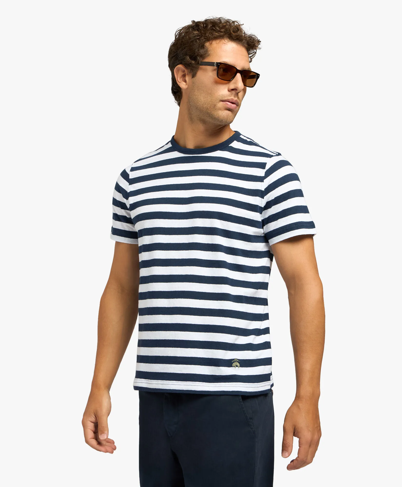 Camiseta azul marino de lino y algodón a rayas