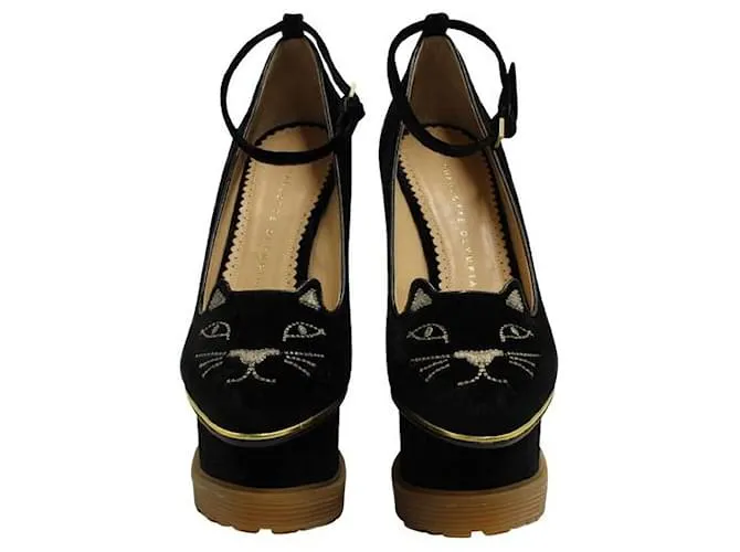 Cuñas Kitty de terciopelo negro Charlotte Olympia 