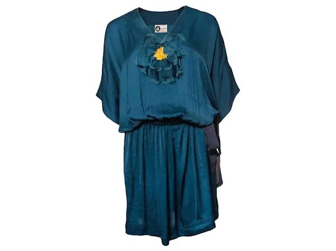 LANVIN (VENDIMIA), Vestido color petróleo con detalle ocre en talla 38fr/S. Azul 
