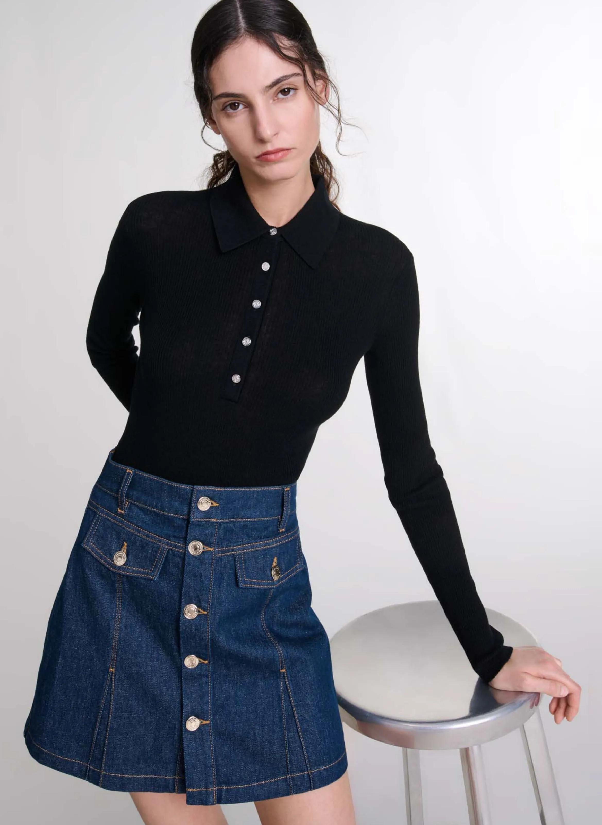 MAJE Body cuello polo de lana mezclada en negro