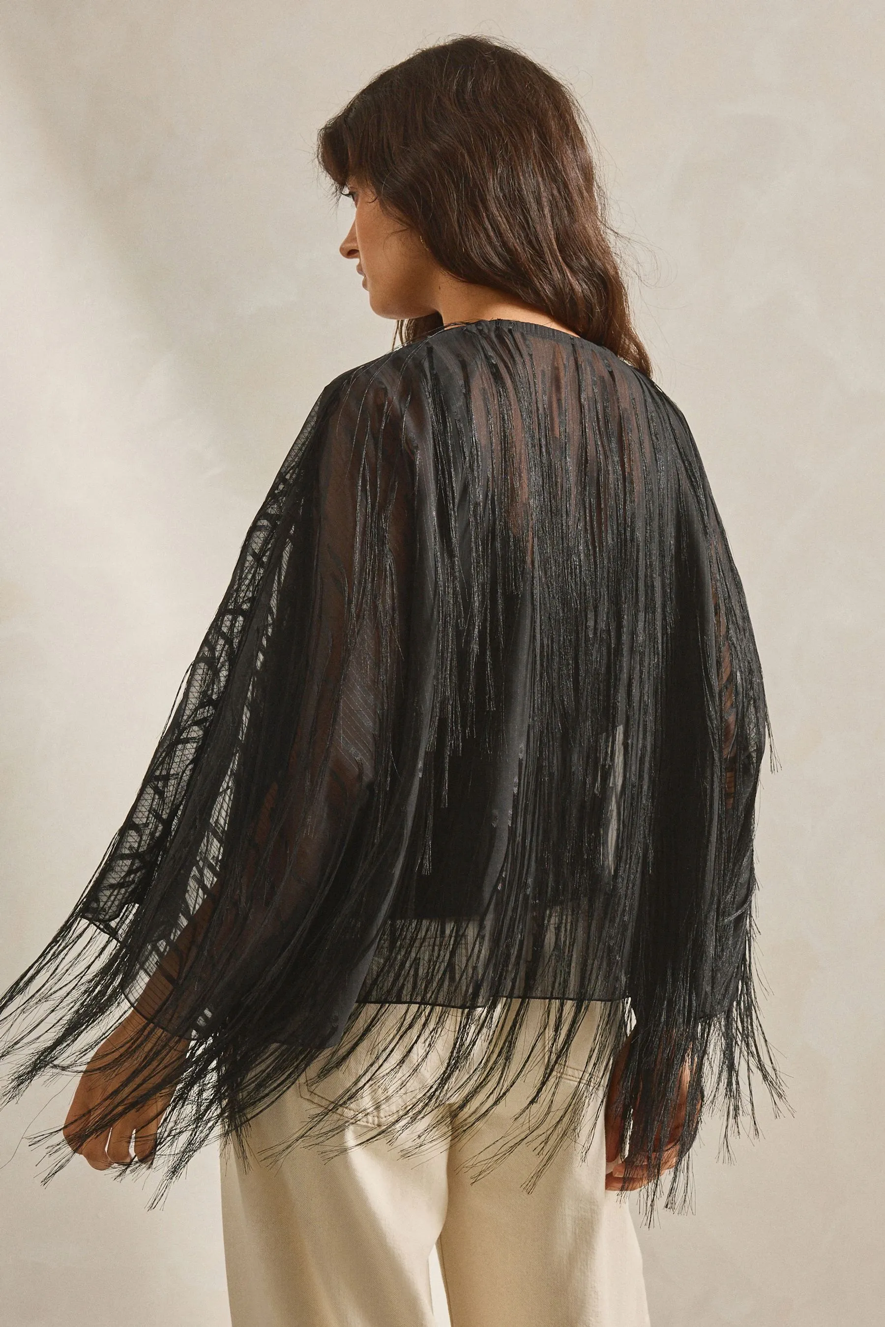 Negro - Fringe Short Kimono Cover-Up