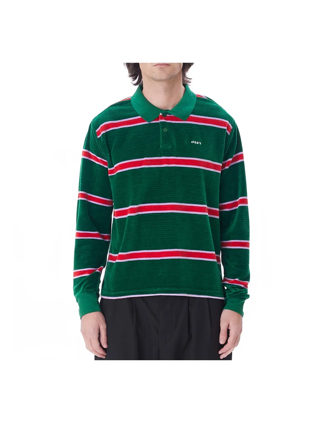 OBEY HOLSTIEN VELOUR POLO LS AVENTURINE GREEN MULTI