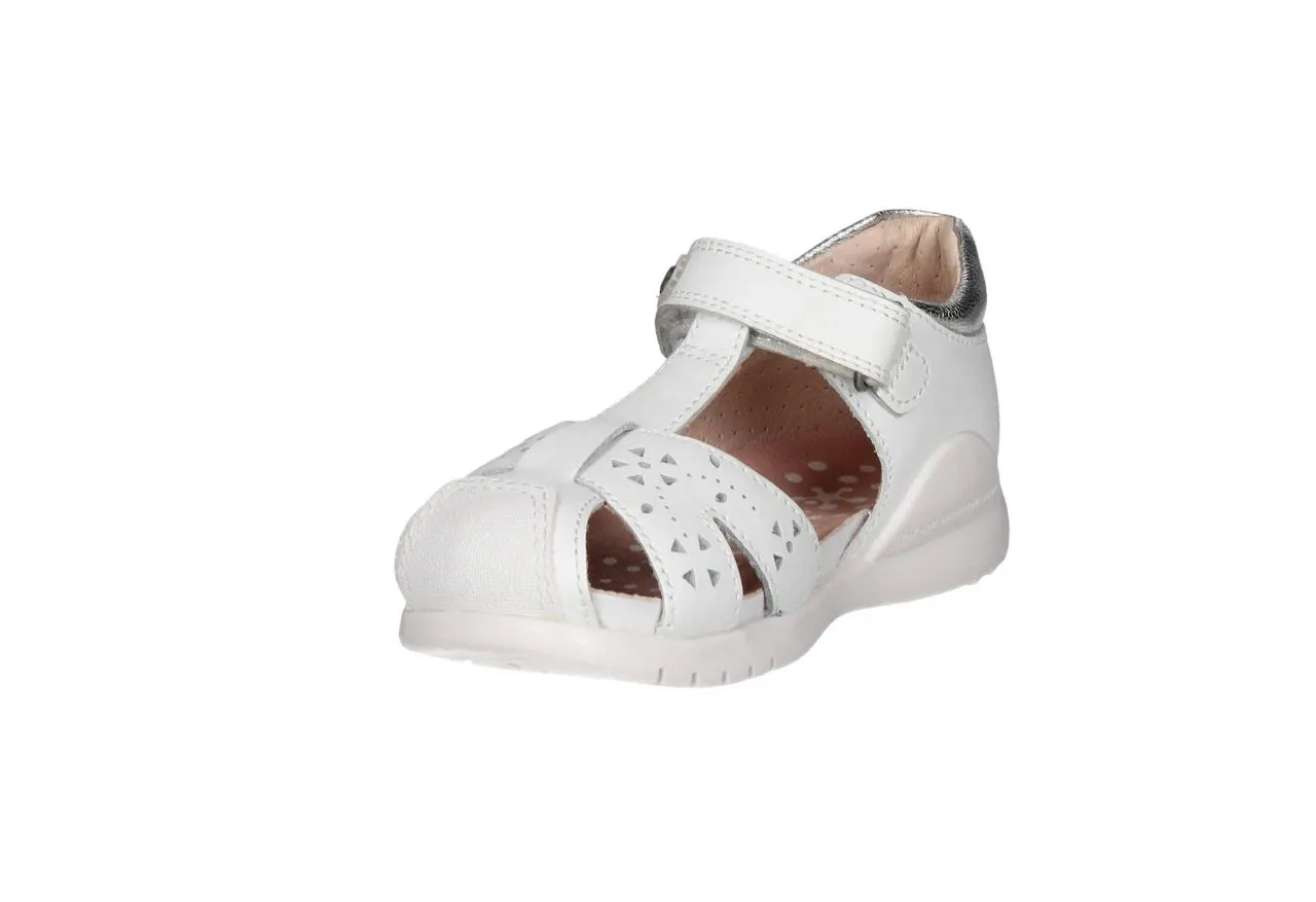 Sandalia Piel Blanco Cubierta Velcro Pala Flores Plata