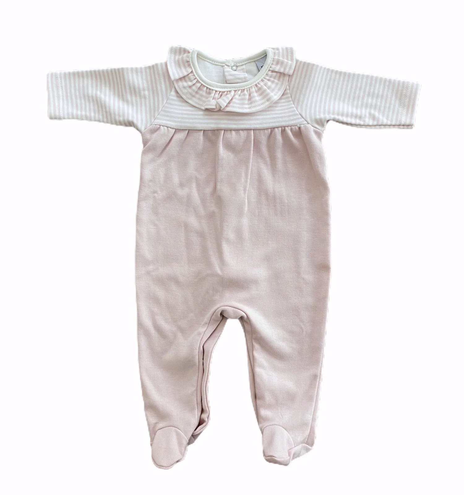 Striped romper in pink or powder blue.