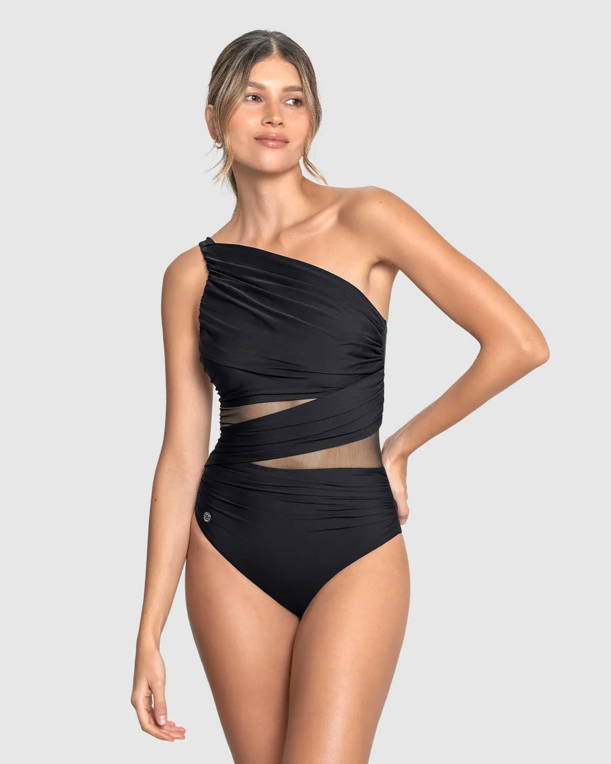 Vestido de bao entero de control de abdomen y hombro asimétrico