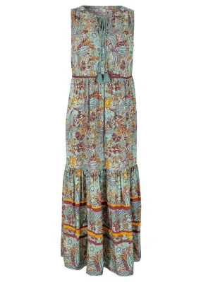 Vestido largo con estampado de cenefas verde mar
